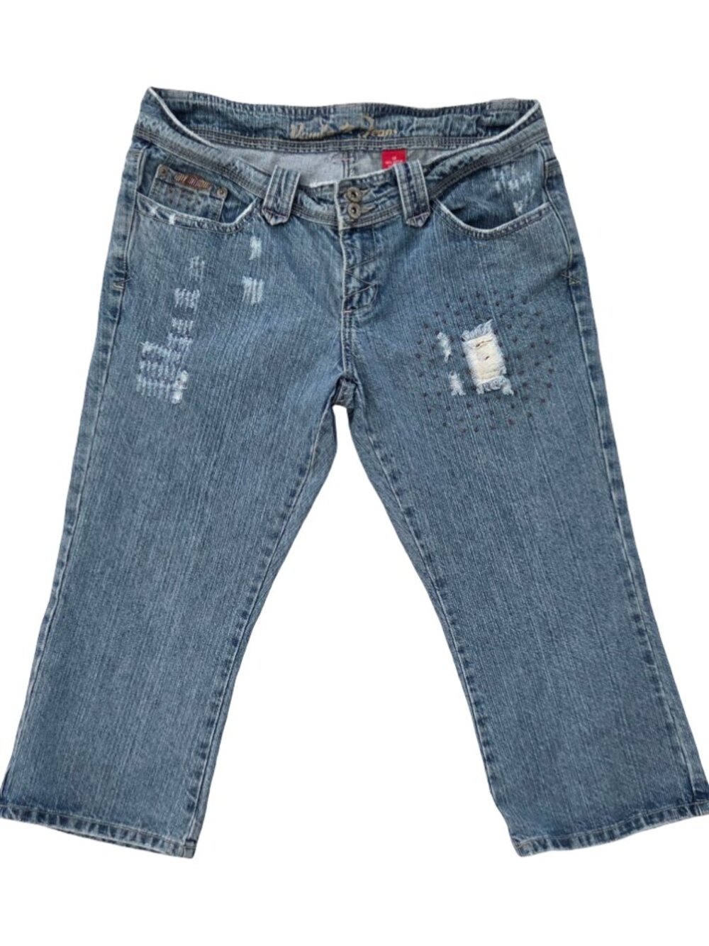Vanilla Star Jeans Womens 13 Y2K Low Rise Cropped Capri Distressed Embellished